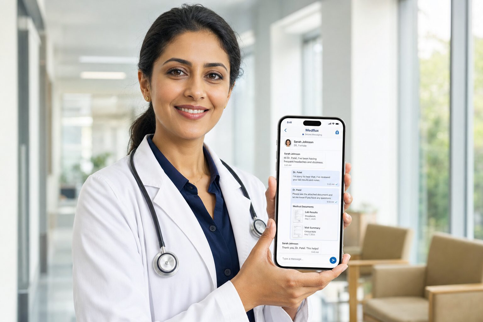 Doctor using MedFlux on a phone for secure patient care